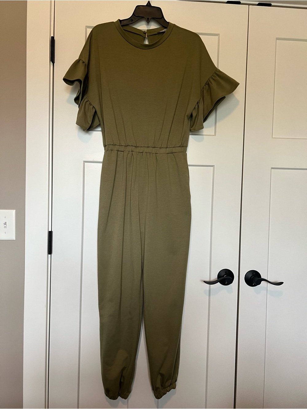 Olive Green Ruffle-Sleeve Jumpsuit